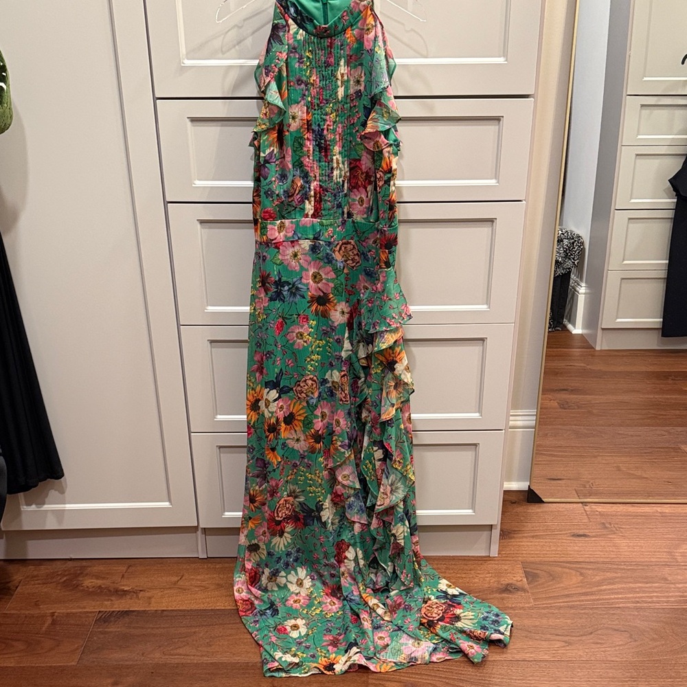 Betsy & Adam floral print ruffled halter gown